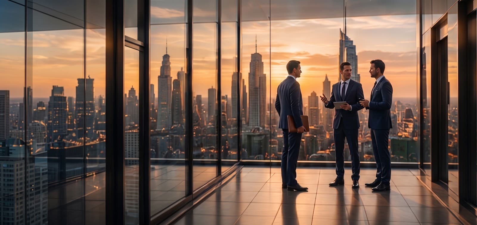 Businessmen in modern office overlooking city