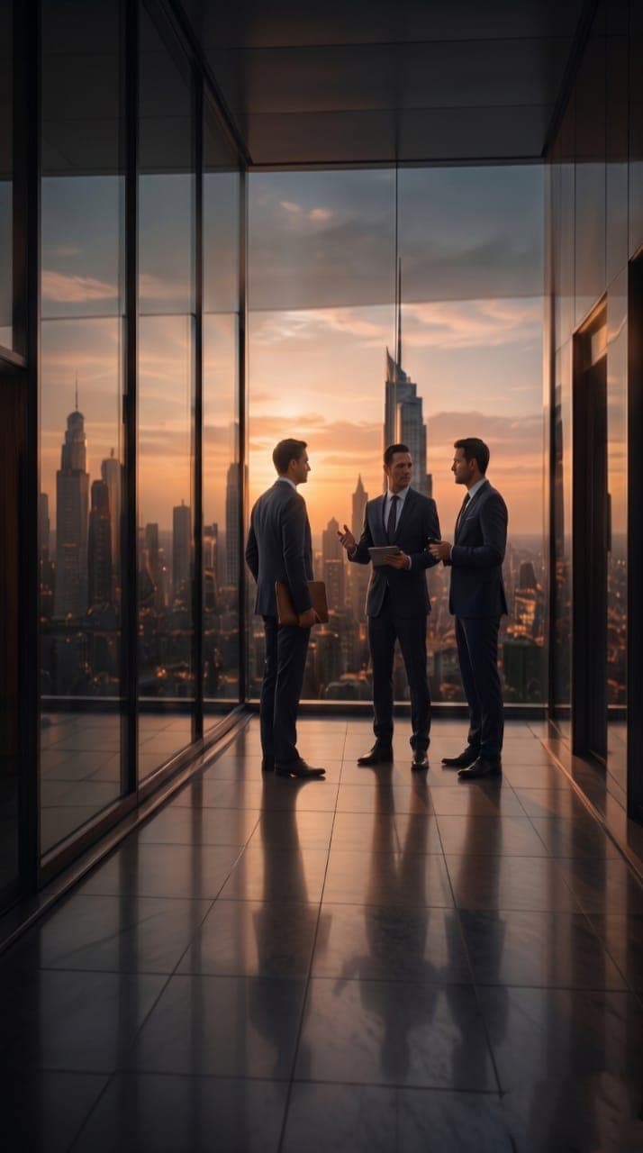 Businessmen in modern office overlooking city